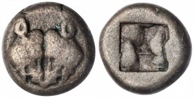 LESBOS. Uncertain. BI 1/12 Stater, ca. 500-450 B.C. CHOICE VERY FINE.
SNG Cop-287; cf. HGC-6, 1067-8. Obverse: Confronted boars' heads; Reverse: Quad...