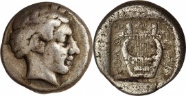 IONIA. Kolophon. AR Drachm (5.39 gms), ca. 450-410 B.C. NEARLY VERY FINE.
Milne-44; SNG Kayhan-367. Obverse: Laureate head of Apollo right; Reverse: ...