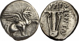 IONIA. Teos. AR Diobol (0.82 gms), ca. 320-294 B.C. CHOICE VERY FINE.
Kinns-95. Mentor, magistrate. Obverse: Gryphon seated right, raising fore paw; ...