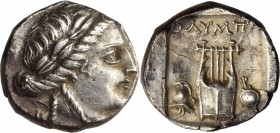 LYCIA. Lycian League. Olympos. AR Hemidrachm (3.21 gms), ca. 167-100 B.C. NEARLY EXTREMELY FINE.
Troxell-42; SNG Cop-Unlisted. Obverse: Laureate head...