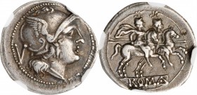 ROMAN REPUBLIC. Anonymous. AR Quinarius (2.43 gms), Rome Mint, 211-208 B.C. NGC Ch VF★, Strike: 5/5 Surface: 4/5.
Cr-44/6; Syd-141. Obverse: Helmeted...