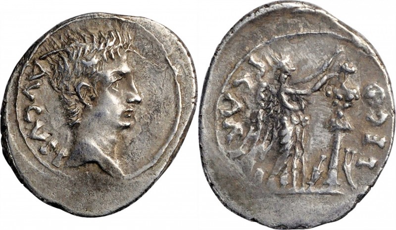 AUGUSTUS, 27 B.C.- A.D. 14. AR Quinarius (1.81 gms), Emerita Mint; P. Carisius, ...