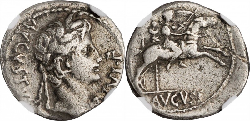 AUGUSTUS, 27 B.C.- A.D. 14. AR Denarius, Lugdunum Mint, 8 B.C. NGC Ch F. Scuff....