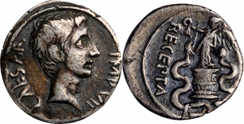 AUGUSTUS, 27 B.C.- A.D. 14. AR Quinarius (1.68 gms), Uncertain mint in Italy, or...