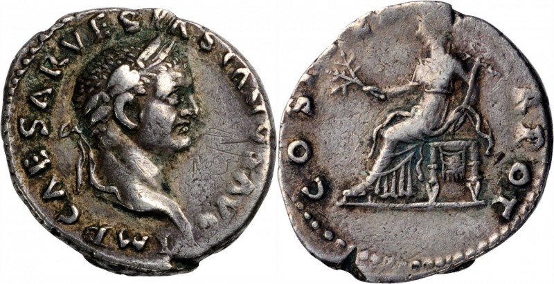 VESPASIAN, A.D. 69-79. AR Denarius (3.30 gms), Rome Mint, A.D. 70. CHOICE VERY F...