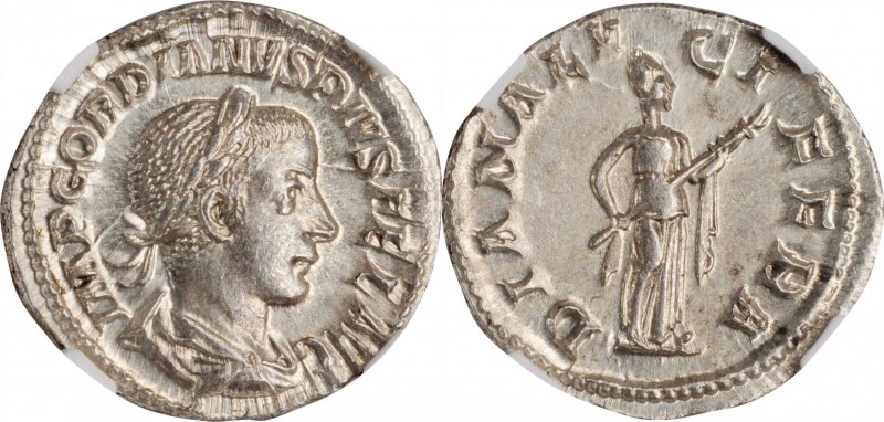 GORDIAN III, A.D. 238-244. AR Denarius (2.60 gms), Rome Mint, A.D. 240. NGC MS, ...