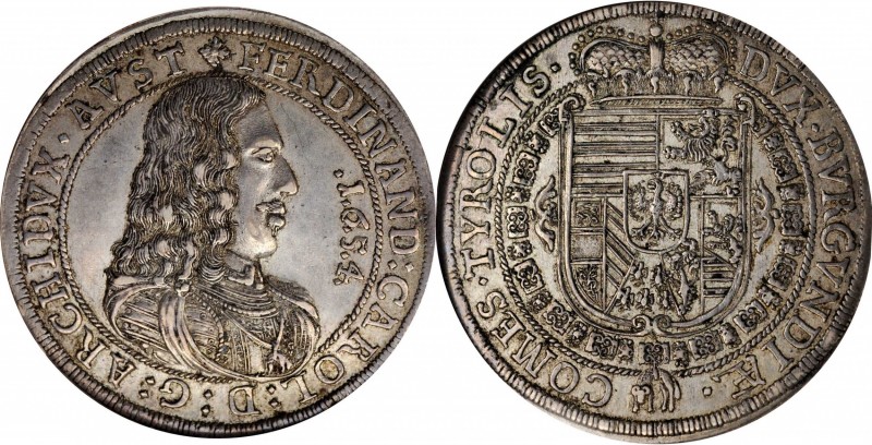 AUSTRIA. Taler, 1654. Hall Mint. Ferdinand Charles. NGC AU-58.
Dav-3367; KM-933...