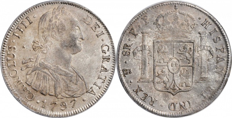 BOLIVIA. 8 Reales, 1797-PTS PP. Potosi Mint. Charles IV. PCGS AU-58 Gold Shield....