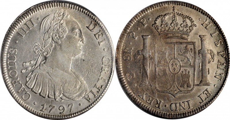 BOLIVIA. 8 Reales, 1797-PTS PP. Potosi Mint. Charles IV. PCGS AU-55 Gold Shield....