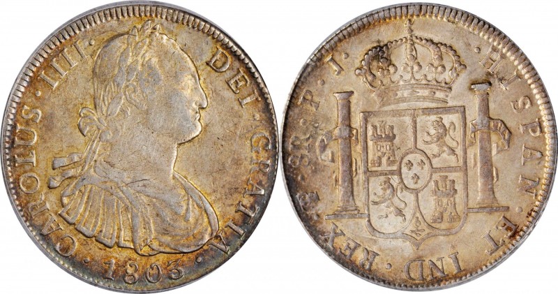 BOLIVIA. 8 Reales, 1803-PTS PJ. Potosi Mint. Charles IV. PCGS AU-53 Gold Shield....