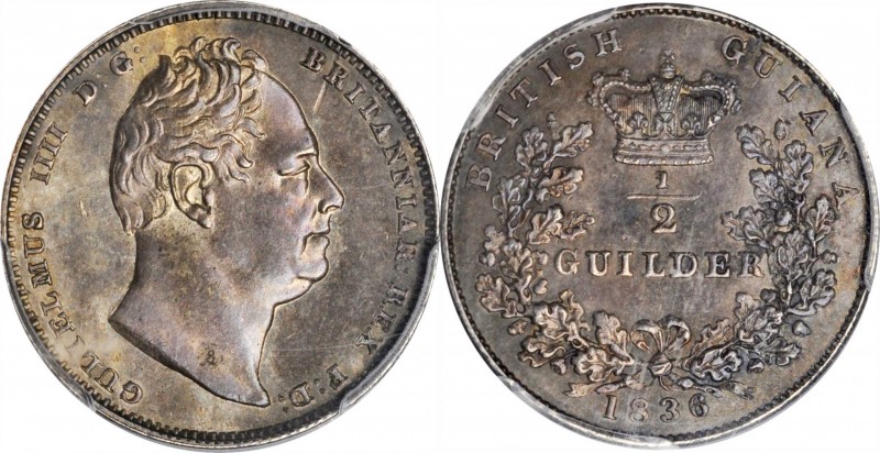 BRITISH GUIANA. 1/2 Guilder, 1836. PCGS PROOF-63 Gold Shield.
KM-24. An attract...