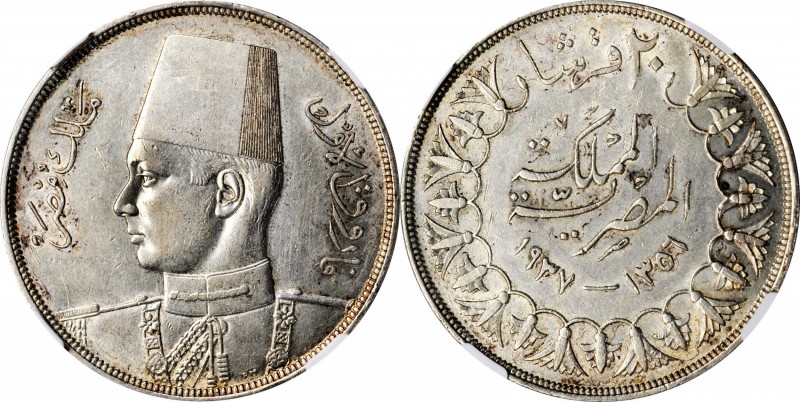 EGYPT. 20 Piastres, AH 1356 (1937). NGC AU-55.
KM-368. A boldly struck crown wi...