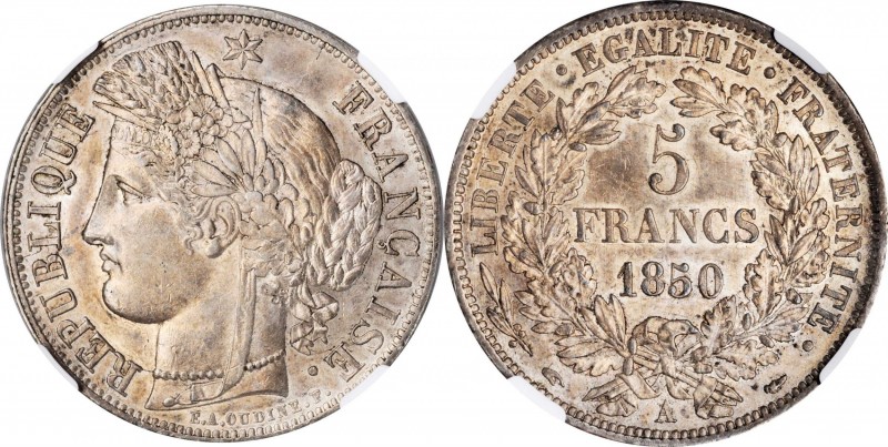 FRANCE. 5 Francs, 1850-A. Paris Mint. NGC AU-58.
KM-761.1; Gad-719; Dav-93; F-3...