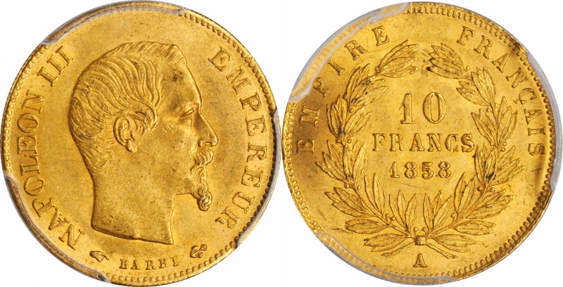 FRANCE. 10 Francs, 1858-A. Paris Mint. Napoleon III. PCGS MS-62.
Fr-576a; KM-78...