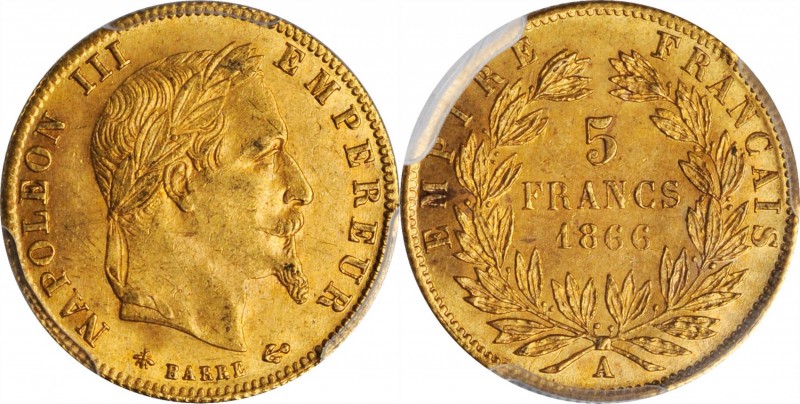 FRANCE. Gold 5 Francs, 1866-A. Paris Mint. Napoleon III. PCGS MS-63 Gold Shield....