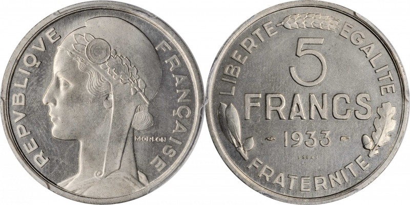 FRANCE. Nickel 5 Francs Essai (Pattern), 1933. Paris Mint. PCGS SPECIMEN-65 Gold...