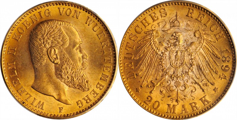 GERMANY. Wurttemberg. 20 Mark, 1894-F. Wilhelm II. PCGS MS-64.
Fr-3876; KM-634;...