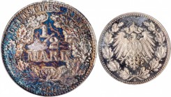 GERMANY. Empire. 1/2 Mark, 1913-E. Muldenhutten Mint. PCGS PROOF-65.
KM-17. An attractive little gem proof, with frosty devices and deep cobalt to li...