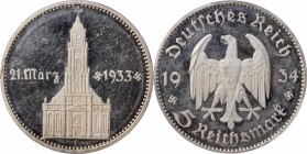 GERMANY. Third Reich. 5 Mark, 1934-F. Stuttgart Mint. PCGS PROOF-63 Deep Cameo Gold Shield.
KM-82. Issue with Potsdam Church obverse, struck to comme...