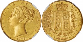 GREAT BRITAIN. Sovereign, 1843. Victoria. NGC AU Details--Scratched.
Fr-387e; S-3852; KM-736.1. Broad Shield Variety, with rosettes at the lower peri...
