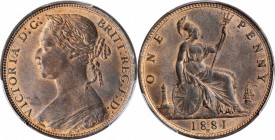 GREAT BRITAIN. Penny, 1881-H. Heaton Mint. Victoria. PCGS MS-63 Red Brown Gold Shield.
S-3955; KM-755. Possessing choice eye-appeal for the grade wit...