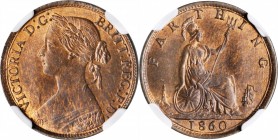 GREAT BRITAIN. Farthing, 1860. Victoria. NGC MS-63 Red Brown.
S-3958; KM-747.2. Toothed borders. A well struck Farthing with full satiny luster and a...