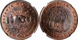 GREAT BRITAIN. Trade Tokens. Staffordshire. Leek. Leek Commercial Copper 1/2 Penny Token, 1793. NGC TOKEN MS-65 Brown.
D&H-13A. Milled edge. A softly...