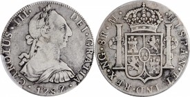 GUATEMALA. 8 Reales, 1787-NG M. Nueva Guatemala Mint. Charles III. PCGS VF-20 Gold Shield.
KM-36.2a; FC-33; El-41; Cal-Type-95#834. A RARE type with ...