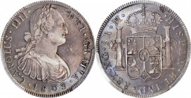 GUATEMALA. 8 Reales, 1803-NG M. Nueva Guatemala Mint. Charles IV. PCGS EF-45 Gold Shield.
KM-53; FC-45; El-56; Cal-Type-74#634. A well struck Crown w...