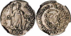HAITI. 15 Sols, 1808. Alexandre Petion. NGC FINE-15.
KM-6. Large Date variety. A well detailed coin with one area of peripheral weakness. Pleasant gr...