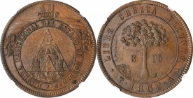 HONDURAS. 8 Pesos, 1862-TA. Tegucigalpa Mint. NGC MS-63 Brown.
KM-27. A provisional copper issue, well struck with pleasing, original surfaces and ev...