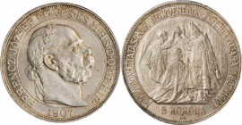 HUNGARY. 5 Korona, 1907-KB. Kremnitz Mint. Franz Joseph I. PCGS MS-65 Gold Shield.
KM-489. Struck for the 40th Anniversary of Franze Joseph's coronat...