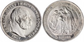 HUNGARY. 5 Korona Restrike, 1907-KB. Kremnitz Mint. PCGS PROOF-67 Cameo Gold Shield.
KM-489. A restrike of the 40th anniversary of the Coronation of ...