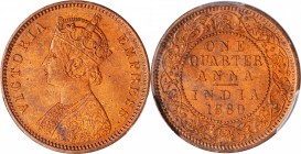 INDIA. British India. 1/4 Anna, 1880-C. Calcutta Mint. Victoria. PCGS MS-65 Red Gold Shield.
KM-486. Incuse mintmark variety. An attractive Gem quali...