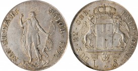 ITALY. Genoa. 8 Lire, 1796. Biennial Doges. PCGS AU-58 Gold Shield.
Dav-1370; KM-249. An attractive coin, lightly toned, with nearly full luster on t...