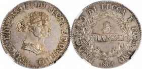 ITALY. Lucca & Piombino. 5 Francs, 1805. Florence Mint. Elisa Bonaparte with Felice Baciocchi. NGC MS-61.
KM-24.3; Dav-203. An attractively toned and...