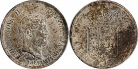 ITALY. Naples & Sicily. 120 Grana, 1855. Ferdinand II. PCGS MS-62 Gold Shield.
KM-370; Dav-175; F-503. A sharply struck coin with mottled silvery to ...
