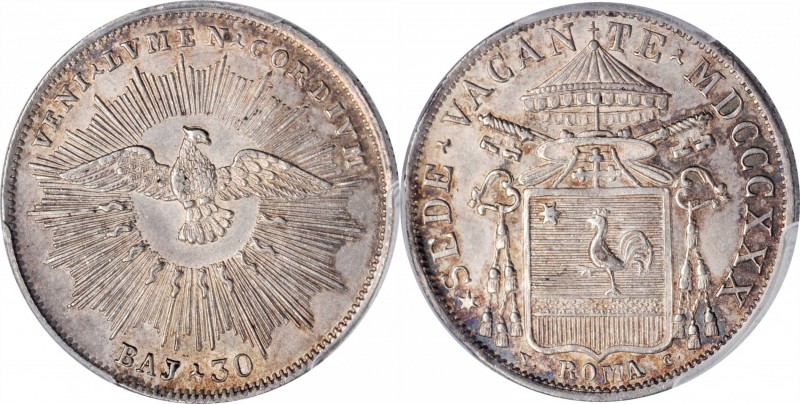 ITALY. Papal States. 30 Baiocchi, 1830-R. Rome Mint. Sede Vacante. PCGS MS-64 Go...
