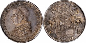 ITALY. 20 Baiocchi, 1834-R. Rome Mint. Gregory XVI. PCGS MS-63 Gold Shield.
KM-1317. A boldly struck coin with pleasing original surfaces and even da...