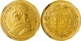 ITALY. Papal States. 2-1/2 Scudi, 1854-R Year VIII. Rome Mint. Pius IX. NGC MS-63.
Fr-274; KM-1117; Berman-3306; Mont-80. A well struck and crisply d...