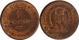 ITALY. Roman Republic. 1 Baiocco, 1849-R. Rome Mint. PCGS MS-64 Red Brown Gold Shield.
KM-22. An attractive coin, fully struck with strong luster and...