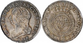 ITALY. Sardinia. 1/4 Scudo, 1758. Carlo Emanuelle III. PCGS AU-58 Gold Shield.
KM-46. A wholesome, well detailed coin, with dark toning in the protec...