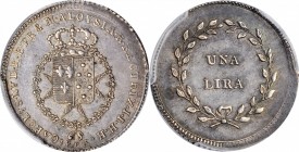 ITALY. Tuscany. Lira, 1803. Carlo Luigi with Maria Luisa as Regent. PCGS AU-58 Gold Shield.
KM-C-47.1; Mont-251. A well struck Lira, though a bit off...
