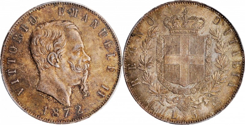 ITALY. 5 Lire, 1872-M BN. Milan Mint. Vittorio Emanuele II. PCGS MS-63+ Gold Shi...