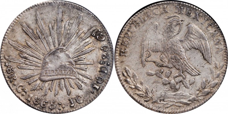 MEXICO. 8 Reales, 1865-Ca JC. Chihuahua Mint. NGC AU-58.
KM-377.2; DP-Ca38. A c...