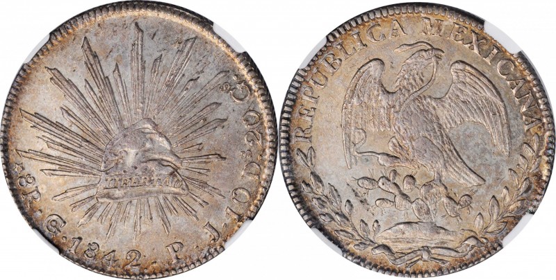 MEXICO. 8 Reales, 1842-Go PJ. Guanajuato Mint. NGC MS-63.
KM-377.8; DP-Go24. Wh...