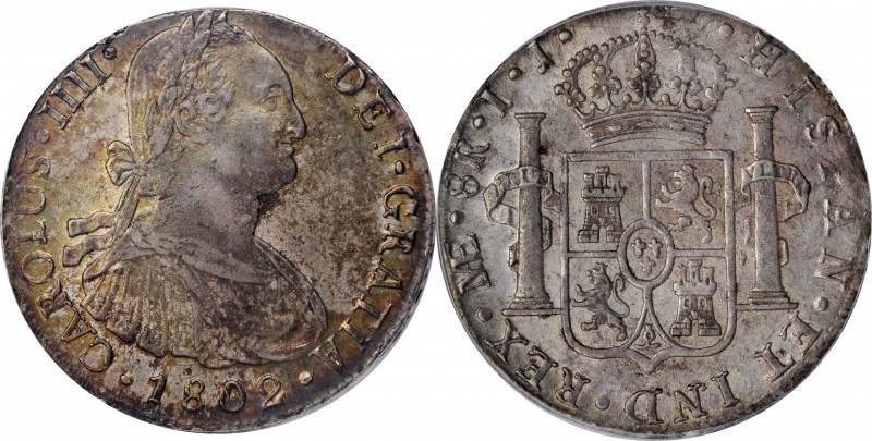 PERU. 8 Reales, 1802-LM IJ. Lima Mint. Charles IV. PCGS AU-58.
KM-97; El-65; FC...