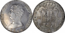 SPAIN. 20 Reales, 1812-S LA. Seville Mint. Joseph Napoleon. VERY FINE.
KM-551.3; Cal-Type-11#35. A decently struck and lightly toned coin with a few ...