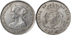 SPAIN. Contemporary Counterfeit 40 Reales, 1862. Isabella II. VERY FINE Details.
cf. KM-616.2. Weight: 3.40 gms, struck in platinum. A well made forg...