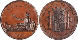 SPAIN. Bronzed Copper 5 Pesetas Pattern, 1868. PCGS PROOF-65+ Brown Gold Shield.
KM-Pn10; Calb-569. Pop: 1 (with a "+" rating), two graded finer by P...